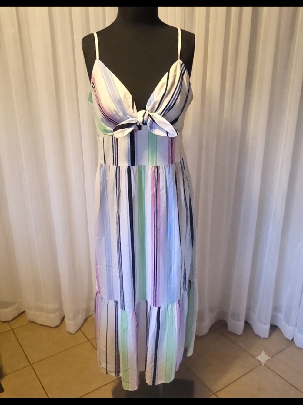 LOFT Striped Maxi Dress in White with Pastel Green, Pink, Blue Stripes